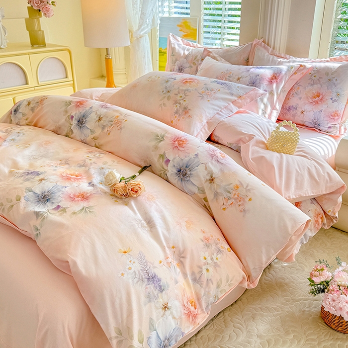 91家纺网 家纺一手货源 找家纺 巧玲珑 2026新款全棉纯棉13376数码印花四件套 悦下花影-粉