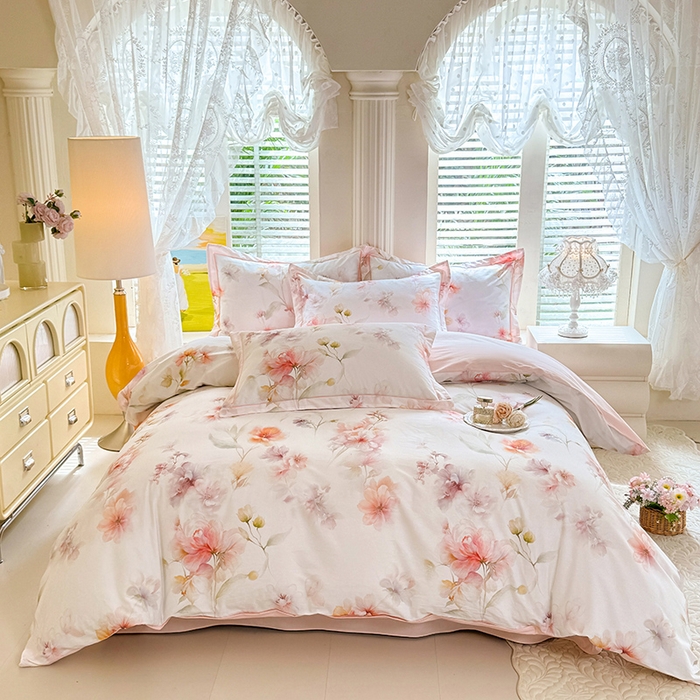 91家纺网 家纺一手货源 找家纺 巧玲珑 2026新款全棉纯棉13376数码印花四件套 云间栖花-粉