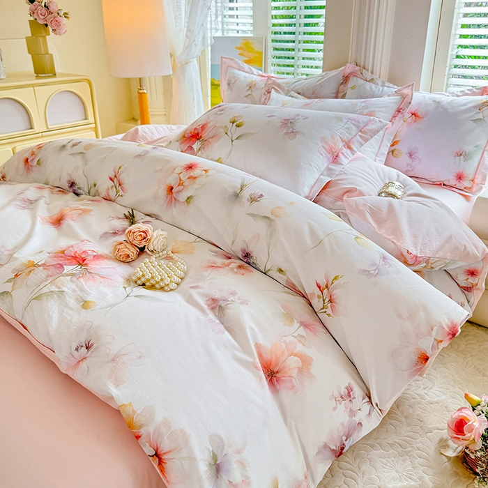 91家纺网 家纺一手货源 找家纺 巧玲珑 2026新款全棉纯棉13376数码印花四件套 云间栖花-粉