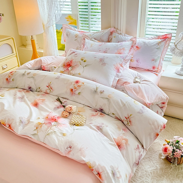 91家纺网 家纺一手货源 找家纺 巧玲珑 2026新款全棉纯棉13376数码印花四件套 云间栖花-粉