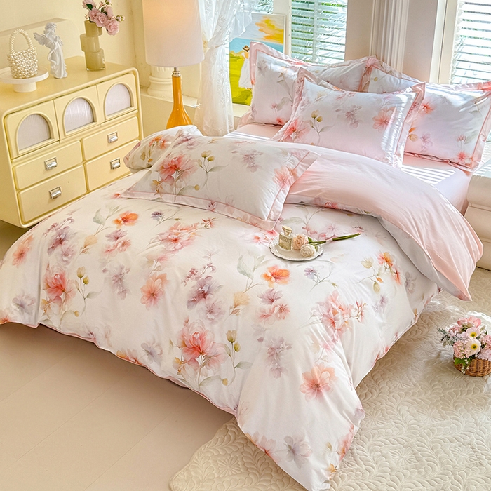 91家纺网 家纺一手货源 找家纺 巧玲珑 2026新款全棉纯棉13376数码印花四件套 云间栖花-粉