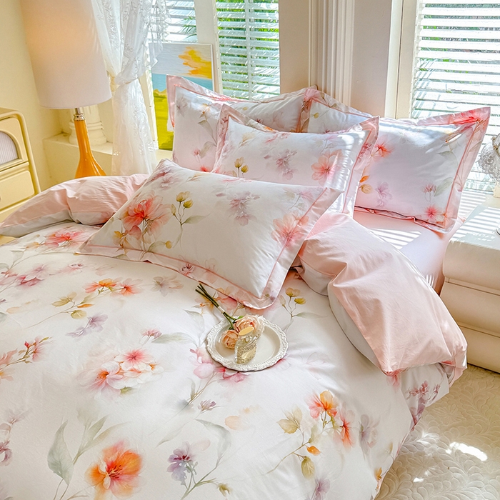 91家纺网 家纺一手货源 找家纺 巧玲珑 2026新款全棉纯棉13376数码印花四件套 云间栖花-粉