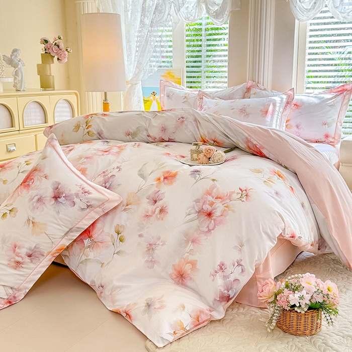 91家纺网 家纺一手货源 找家纺 巧玲珑 2026新款全棉纯棉13376数码印花四件套 云间栖花-粉