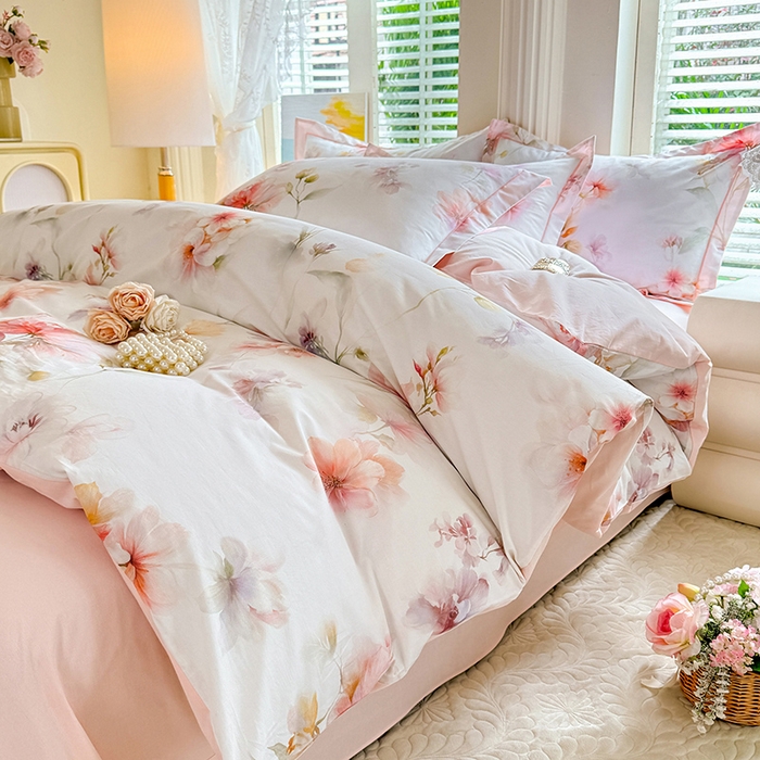 91家纺网 家纺一手货源 找家纺 巧玲珑 2026新款全棉纯棉13376数码印花四件套 云间栖花-粉