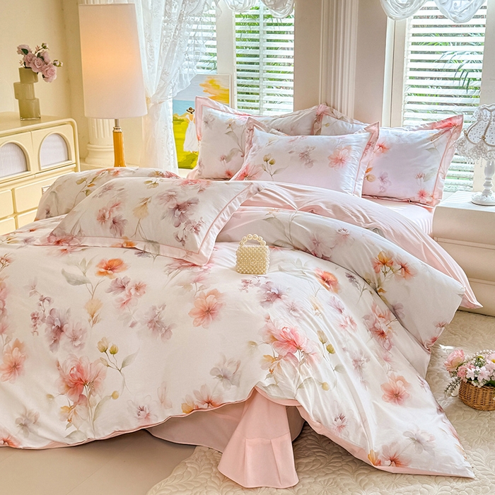 91家纺网 家纺一手货源 找家纺 巧玲珑 2026新款全棉纯棉13376数码印花四件套 云间栖花-粉