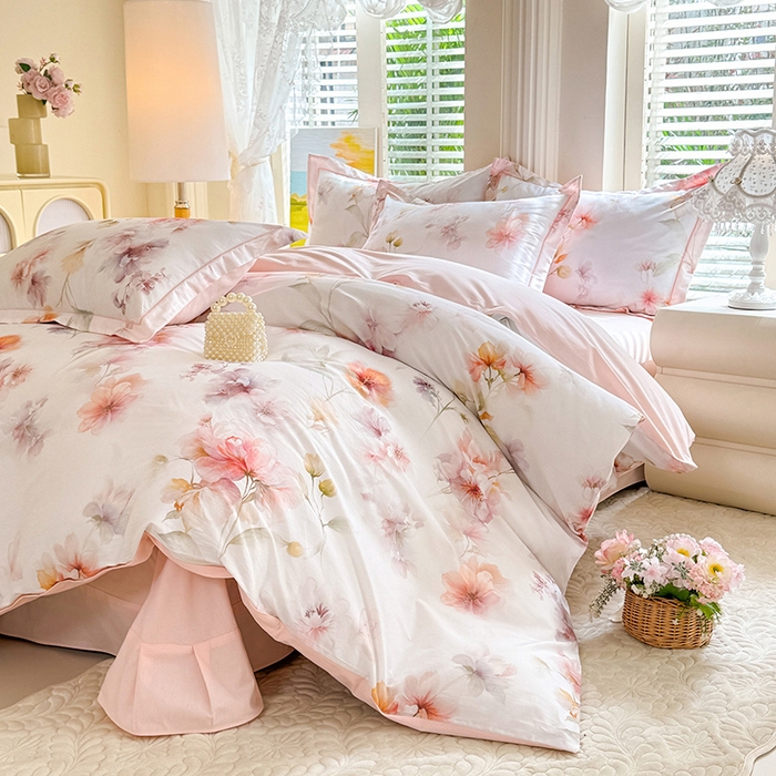 91家纺网 家纺一手货源 找家纺 巧玲珑 2026新款全棉纯棉13376数码印花四件套 云间栖花-粉