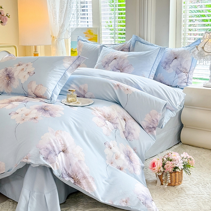 91家纺网 家纺一手货源 找家纺 巧玲珑 2026新款全棉纯棉13376数码印花四件套 云屏浅梦-蓝