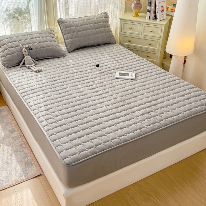 91家纺网 家纺一手货源 找家纺 优品惠 2026新款A类云感双层纱防滑隔脏防水夹棉床笠单品床笠单件 CL绅士灰(普通款)