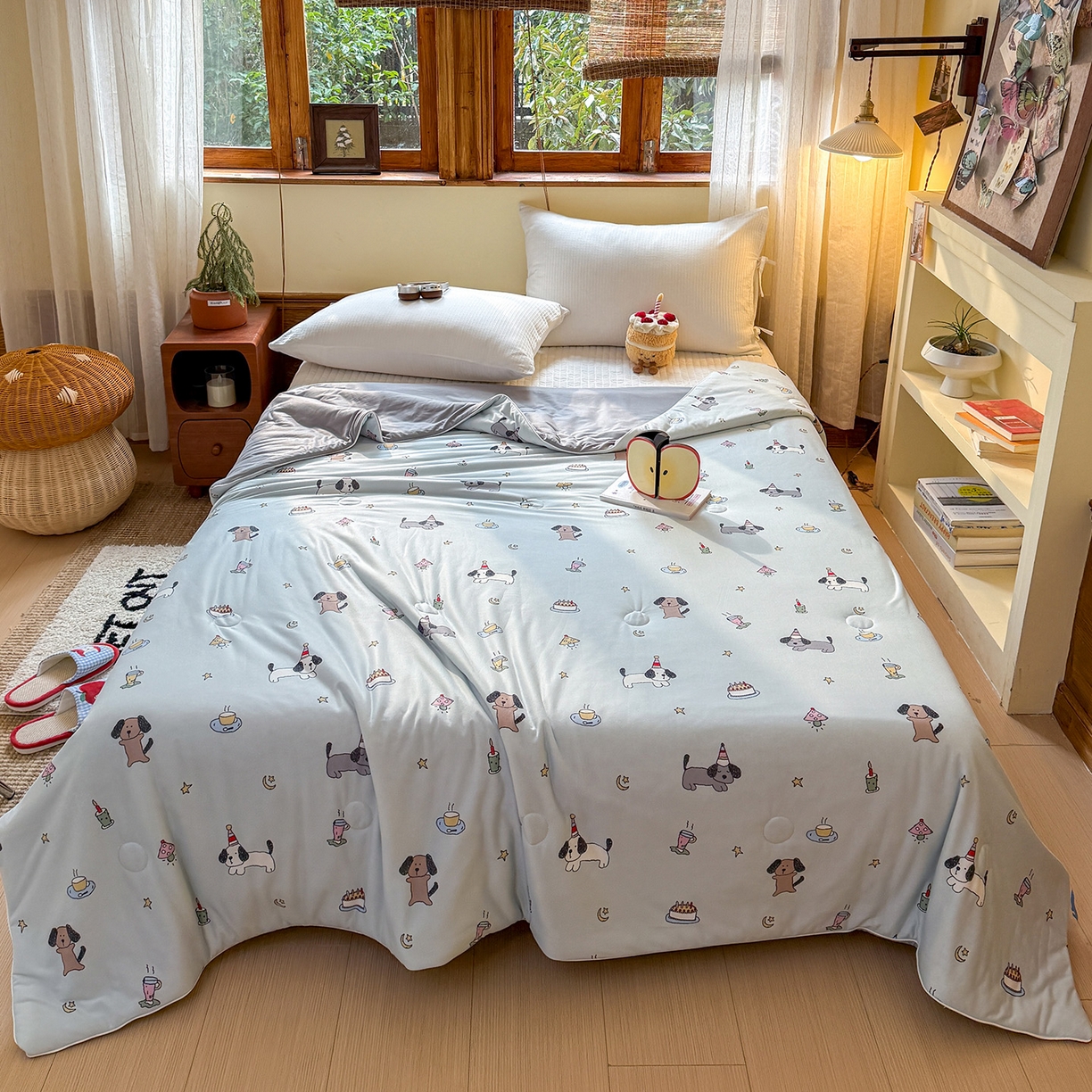 91家纺网 家纺一手货源 找家纺 梦恬佳 2026新款牛奶丝针织棉夏凉被空调被 蛋糕小狗