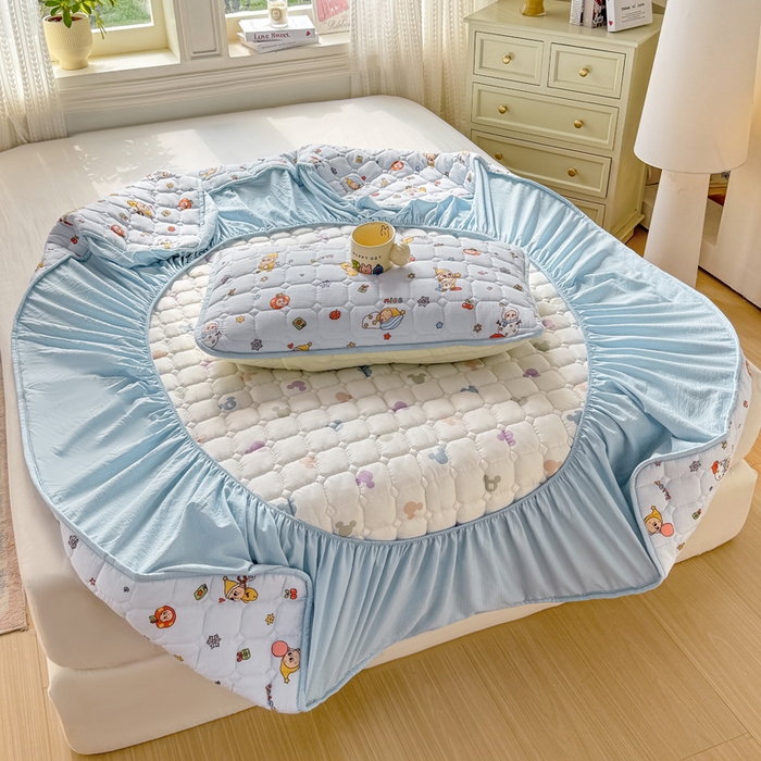 91家纺网 家纺一手货源 找家纺 优品惠 2026新款A类云感双层纱防滑隔脏防水夹棉床笠单品床笠单件 CL星星人蓝(防水款)