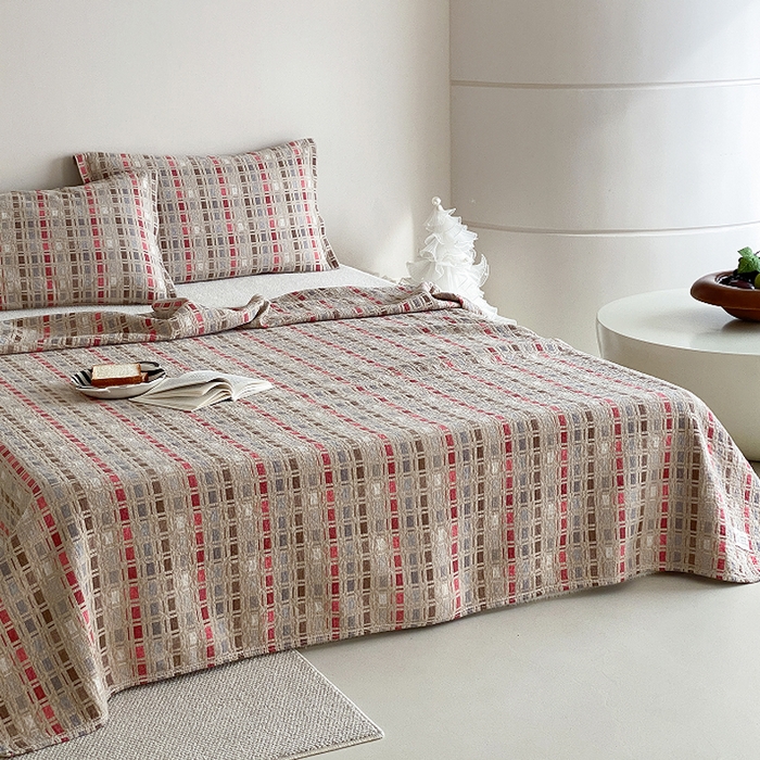 91家纺网 家纺一手货源 找家纺 麻依 2026新款安心棉床盖三件全棉四层纱布床单系列 方格-彩色