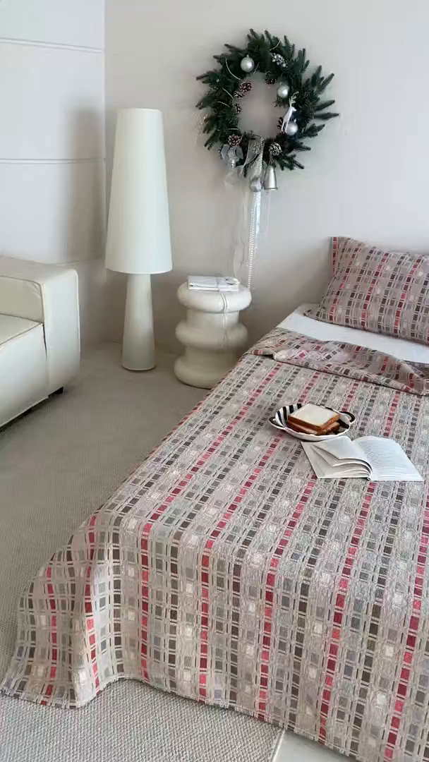 91家纺网 家纺一手货源 找家纺 麻依 2026新款安心棉床盖三件全棉四层纱布床单系列 方格-彩色