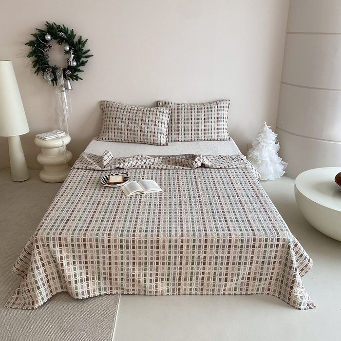 麻依 2026新款安心棉床盖三件全棉四层纱布床单系列 方格-咖色