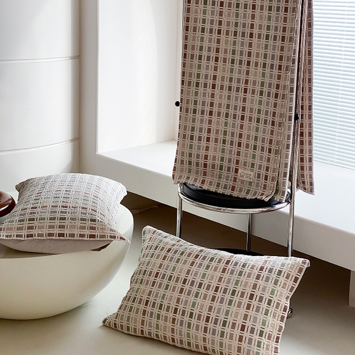 91家纺网 家纺一手货源 找家纺 麻依 2026新款安心棉床盖三件全棉四层纱布床单系列 方格-咖色