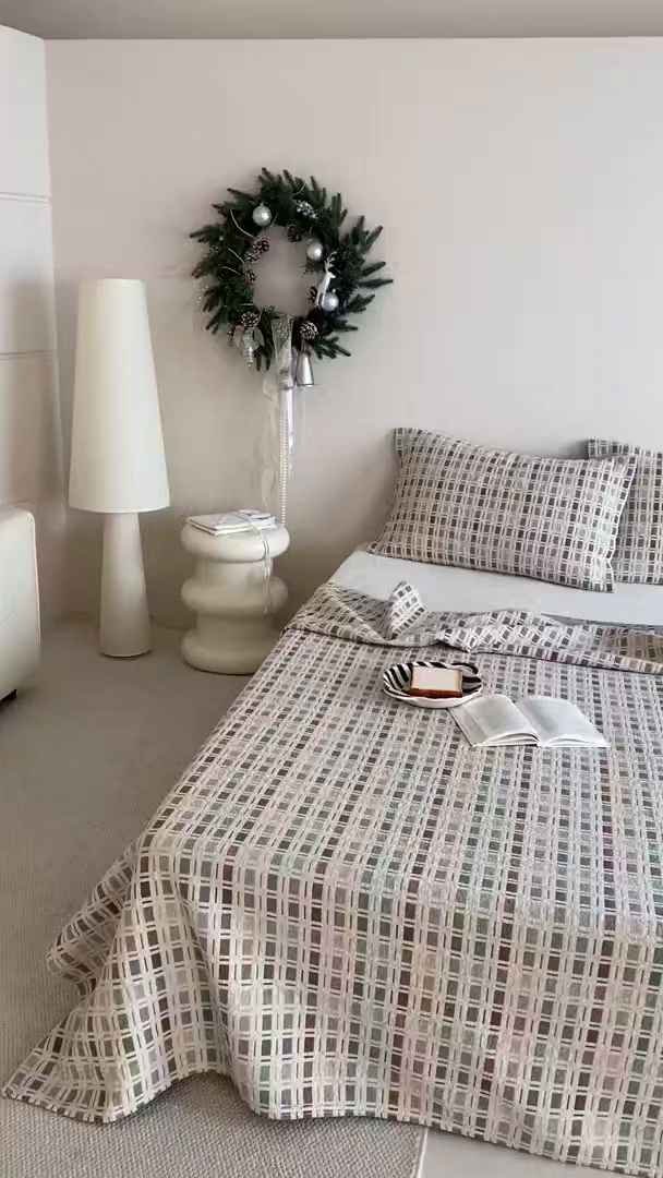 91家纺网 家纺一手货源 找家纺 麻依 2026新款安心棉床盖三件全棉四层纱布床单系列 方格-咖色