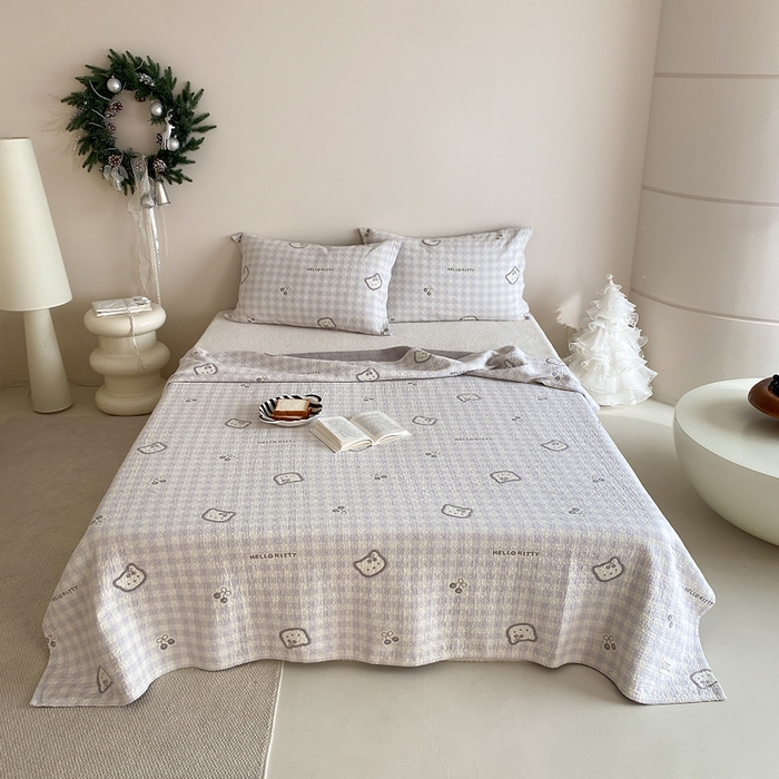 麻依 2026新款安心棉床盖三件全棉四层纱布床单系列 卡通小猫-淡紫