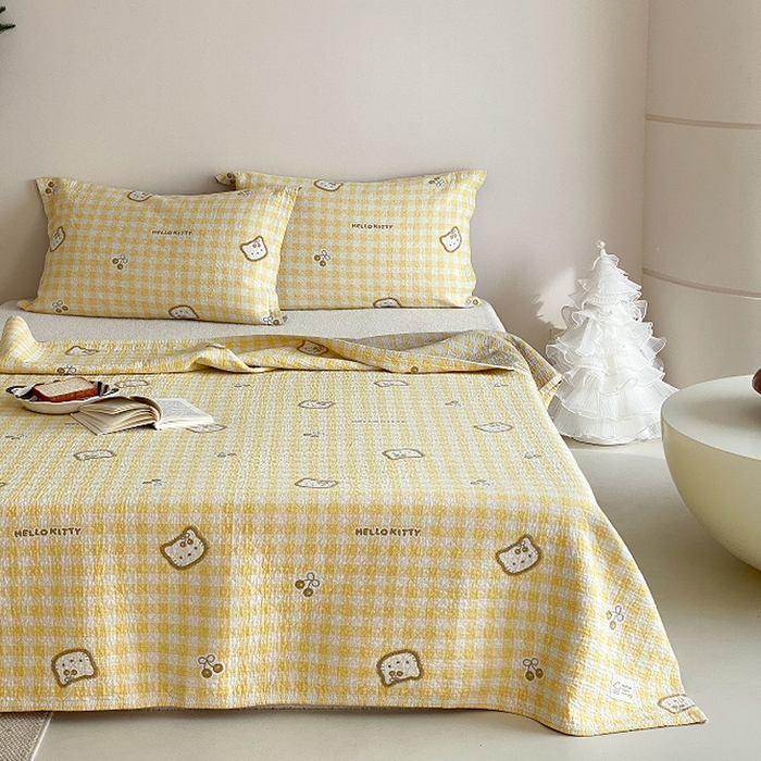 91家纺网 家纺一手货源 找家纺 麻依 2026新款安心棉床盖三件全棉四层纱布床单系列 卡通小猫-亮黄