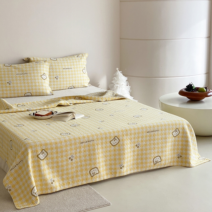 91家纺网 家纺一手货源 找家纺 麻依 2026新款安心棉床盖三件全棉四层纱布床单系列 卡通小猫-亮黄