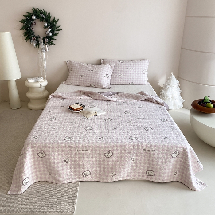麻依 2026新款安心棉床盖三件全棉四层纱布床单系列 卡通小猫-浅粉