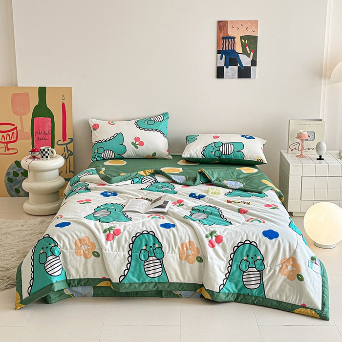91家纺网 家纺一手货源 找家纺 宝士康家纺 2026新款10A抗菌全棉夏被四件套（床笠款）小恐龙