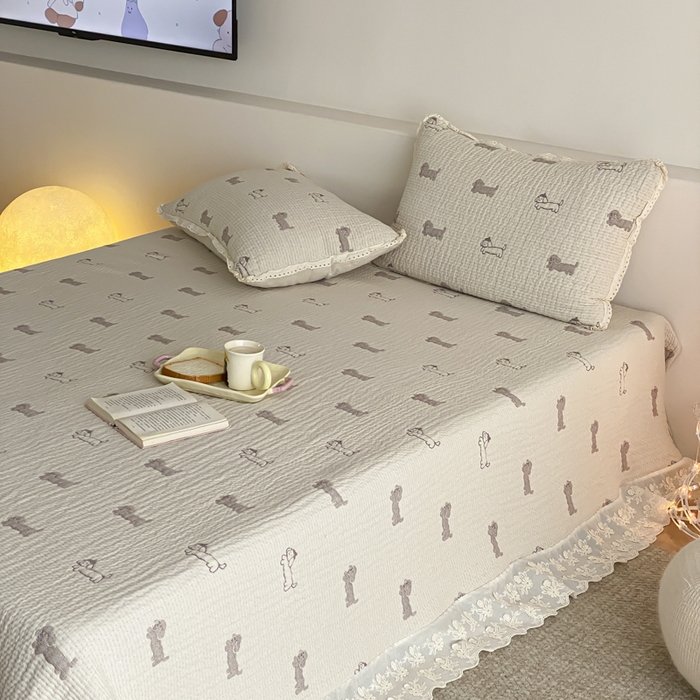 91家纺网 家纺一手货源 找家纺 麻依 2026新款韩国花边床盖三件套系列 皮皮小狗