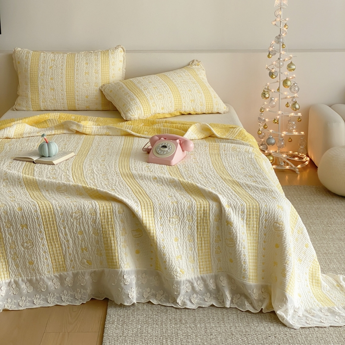 麻依 2026新款韩国花边床盖三件套系列 甜心小猫-黄