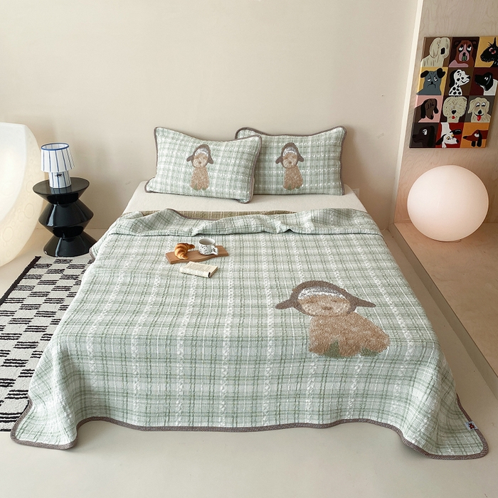 麻依 2026新款软萌纱布床盖三件套系列 毛绒小狗