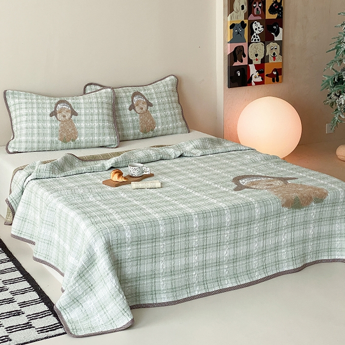 91家纺网 家纺一手货源 找家纺 麻依 2026新款软萌纱布床盖三件套系列 毛绒小狗