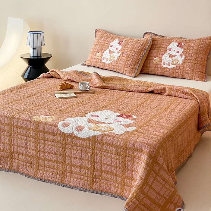 91家纺网 家纺一手货源 找家纺 麻依 2026新款软萌纱布床盖三件套系列 胖胖猫