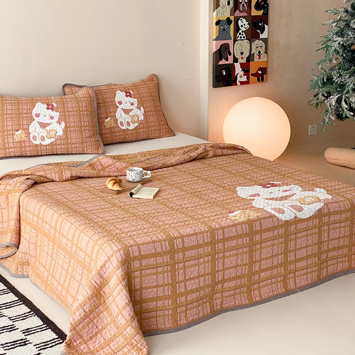 91家纺网 家纺一手货源 找家纺 麻依 2026新款软萌纱布床盖三件套系列 胖胖猫