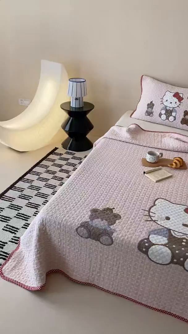 91家纺网 家纺一手货源 找家纺 麻依 2026新款软萌纱布床盖三件套系列 桃心KT