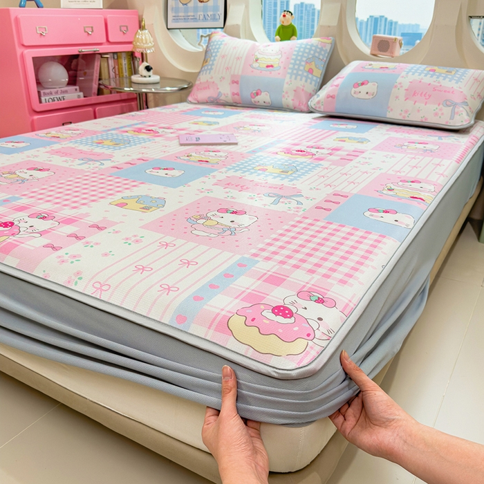 91家纺网 家纺一手货源 找家纺 丝羽坊 2026新款小版印花碳光冰丝凉席床笠款 星梦喵屋