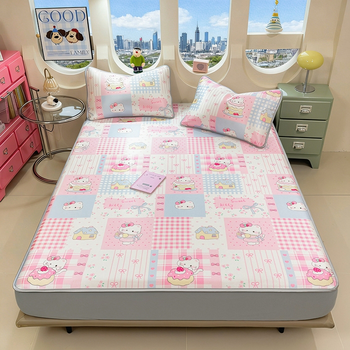 91家纺网 家纺一手货源 找家纺 丝羽坊 2026新款小版印花碳光冰丝凉席床笠款 星梦喵屋