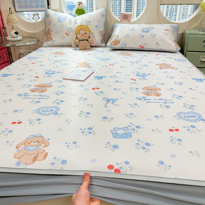 丝羽坊 2026新款小版印花碳光冰丝凉席床笠款 蓝花熊语