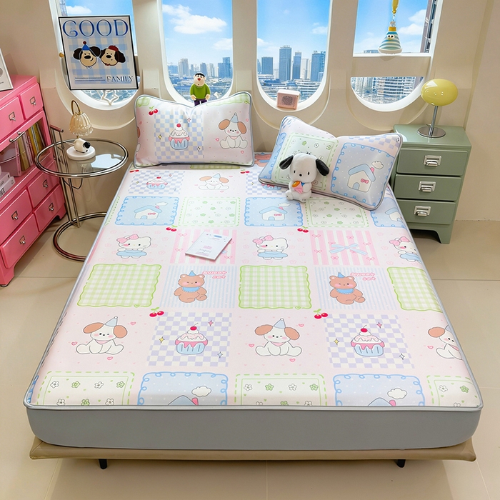 91家纺网 家纺一手货源 找家纺 丝羽坊 2026新款小版印花碳光冰丝凉席床笠款 小甜心