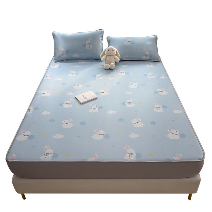 91家纺网 家纺一手货源 找家纺 丝羽坊 2026新款小版印花碳光冰丝凉席床笠款 兔宝