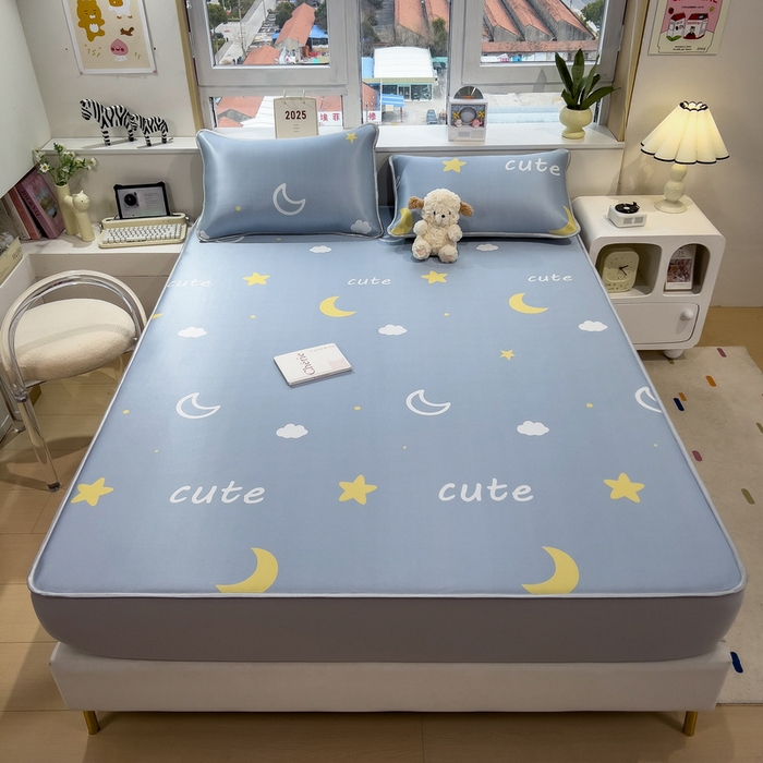 91家纺网 家纺一手货源 找家纺 丝羽坊 2026新款小版印花碳光冰丝凉席床笠款 星光灿烂