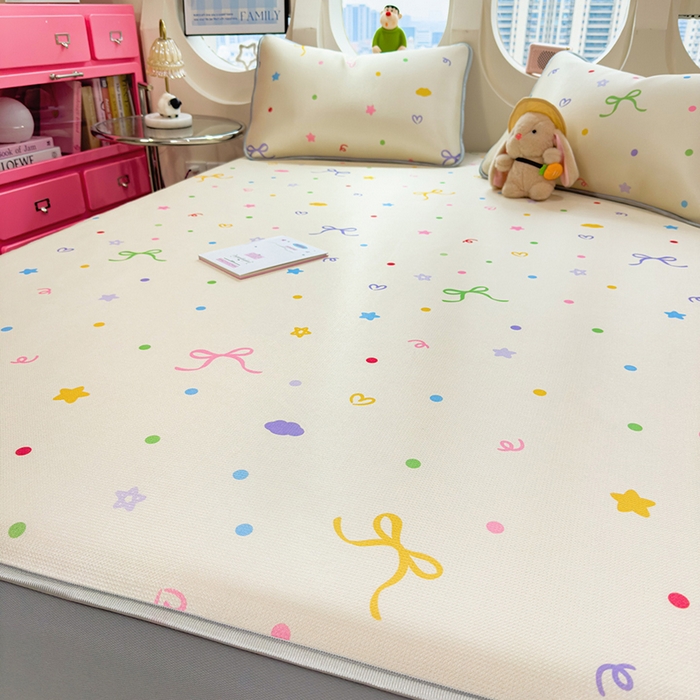 91家纺网 家纺一手货源 找家纺 丝羽坊 2026新款小版印花碳光冰丝凉席床笠款 彩色心愿