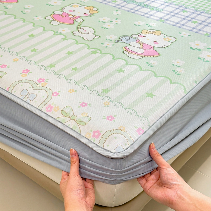 91家纺网 家纺一手货源 找家纺 丝羽坊 2026新款小版印花碳光冰丝凉席床笠款 春日猫记