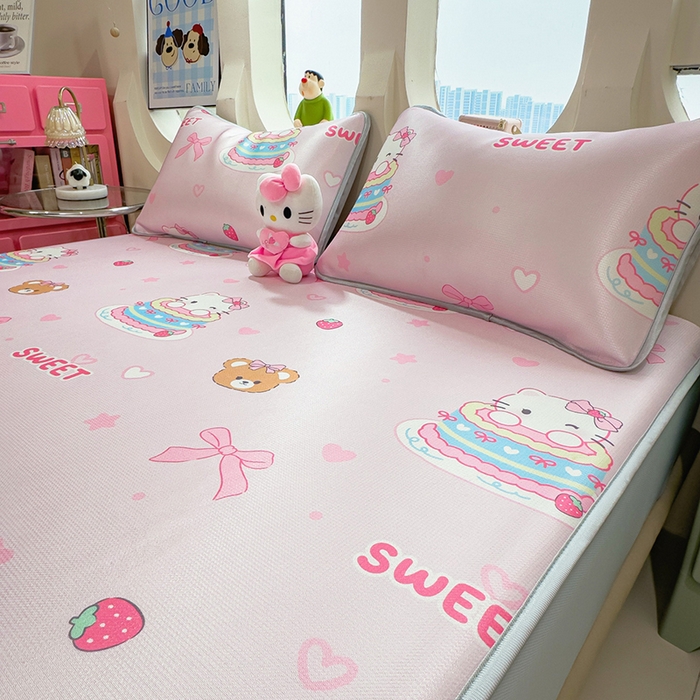 91家纺网 家纺一手货源 找家纺 丝羽坊 2026新款小版印花碳光冰丝凉席床笠款 蛋糕猫