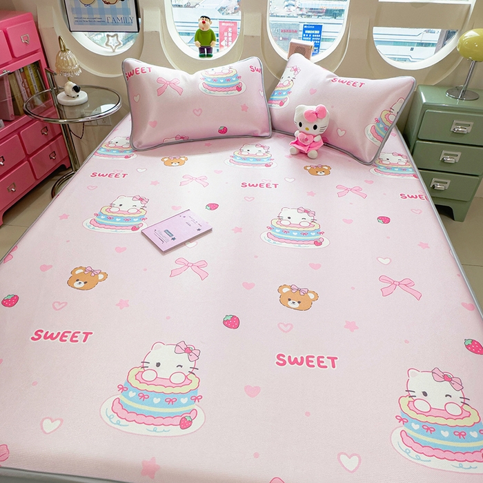 91家纺网 家纺一手货源 找家纺 丝羽坊 2026新款小版印花碳光冰丝凉席床笠款 蛋糕猫