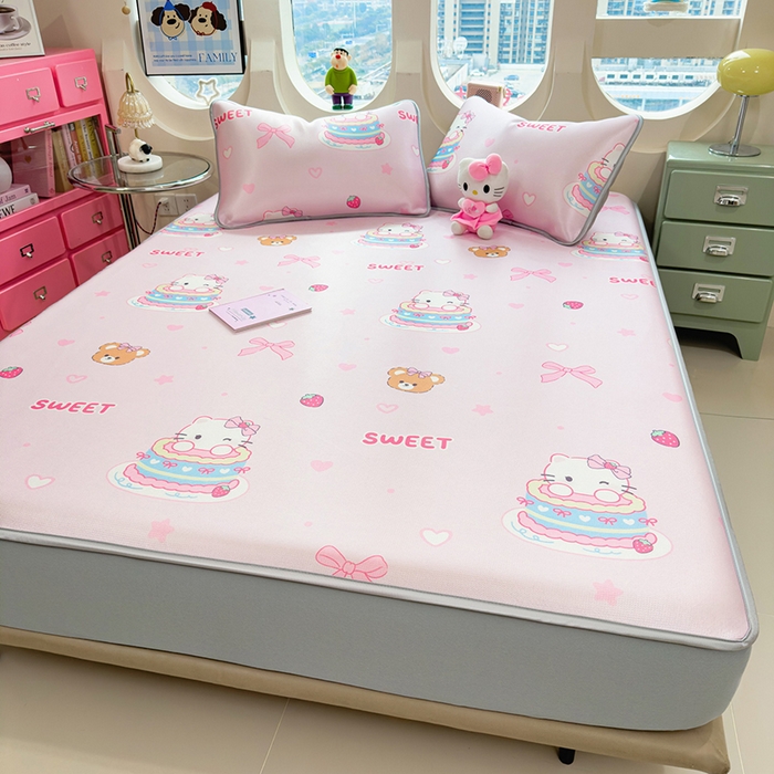 91家纺网 家纺一手货源 找家纺 丝羽坊 2026新款小版印花碳光冰丝凉席床笠款 蛋糕猫