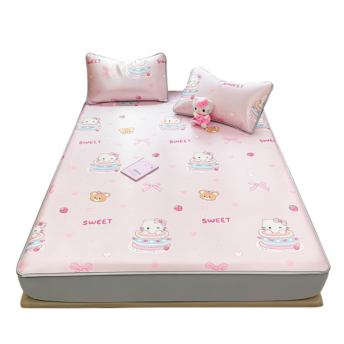 91家纺网 家纺一手货源 找家纺 丝羽坊 2026新款小版印花碳光冰丝凉席床笠款 蛋糕猫