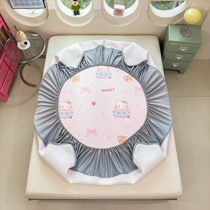 91家纺网 家纺一手货源 找家纺 丝羽坊 2026新款小版印花碳光冰丝凉席床笠款 蛋糕猫