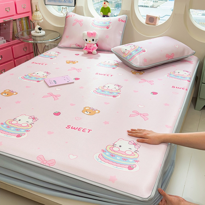 91家纺网 家纺一手货源 找家纺 丝羽坊 2026新款小版印花碳光冰丝凉席床笠款 蛋糕猫