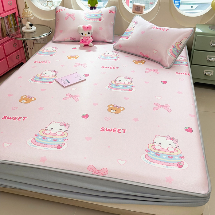 91家纺网 家纺一手货源 找家纺 丝羽坊 2026新款小版印花碳光冰丝凉席床笠款 蛋糕猫