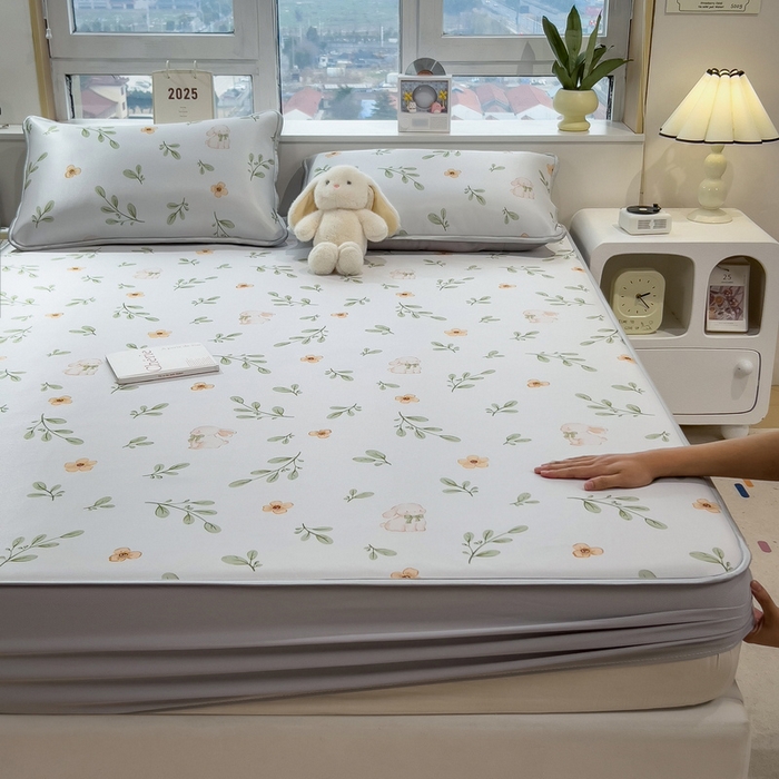 91家纺网 家纺一手货源 找家纺 丝羽坊 2026新款小版印花碳光冰丝凉席床笠款 绿叶