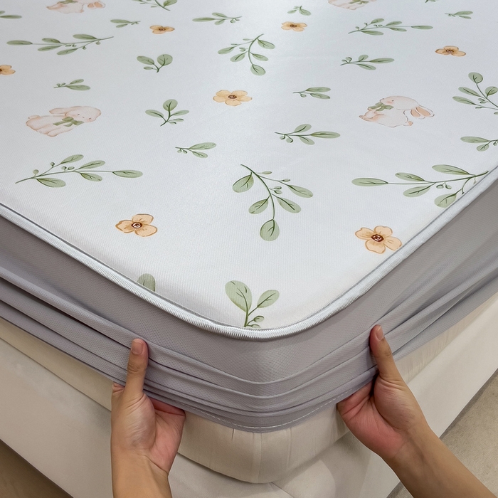 91家纺网 家纺一手货源 找家纺 丝羽坊 2026新款小版印花碳光冰丝凉席床笠款 绿叶