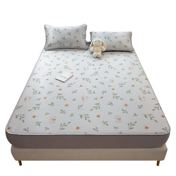 91家纺网 家纺一手货源 找家纺 丝羽坊 2026新款小版印花碳光冰丝凉席床笠款 绿叶