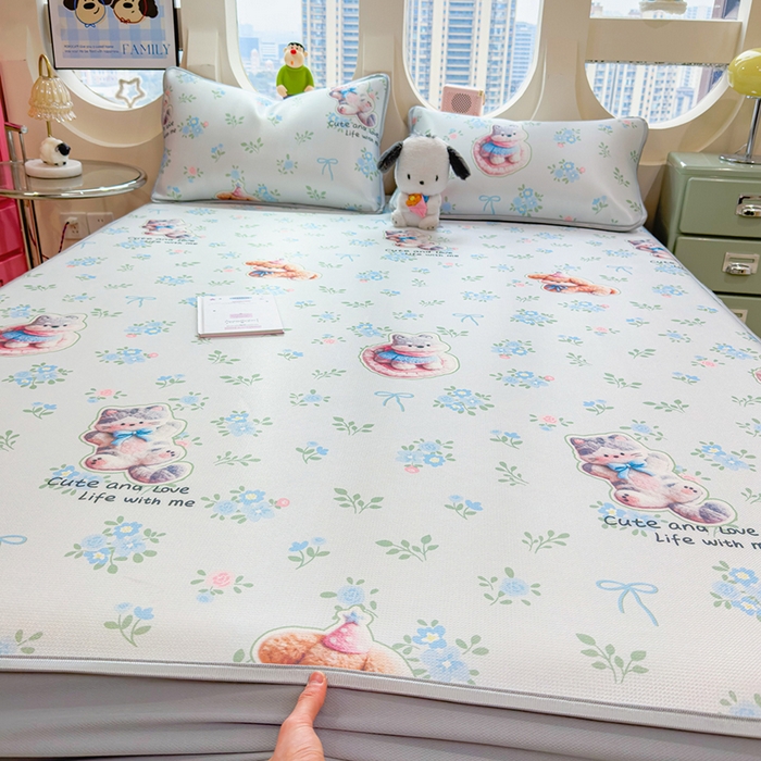 丝羽坊 2026新款小版印花碳光冰丝凉席床笠款 猫叙花间